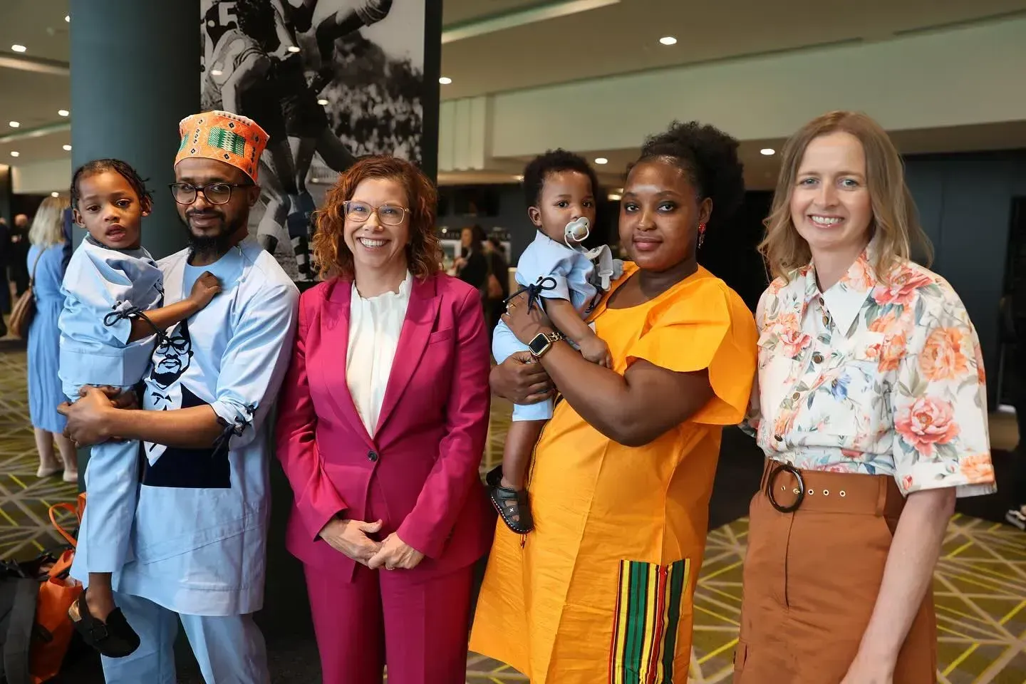 Minister Rishworth, Minister Bourke and a family at the Inklings Launch
